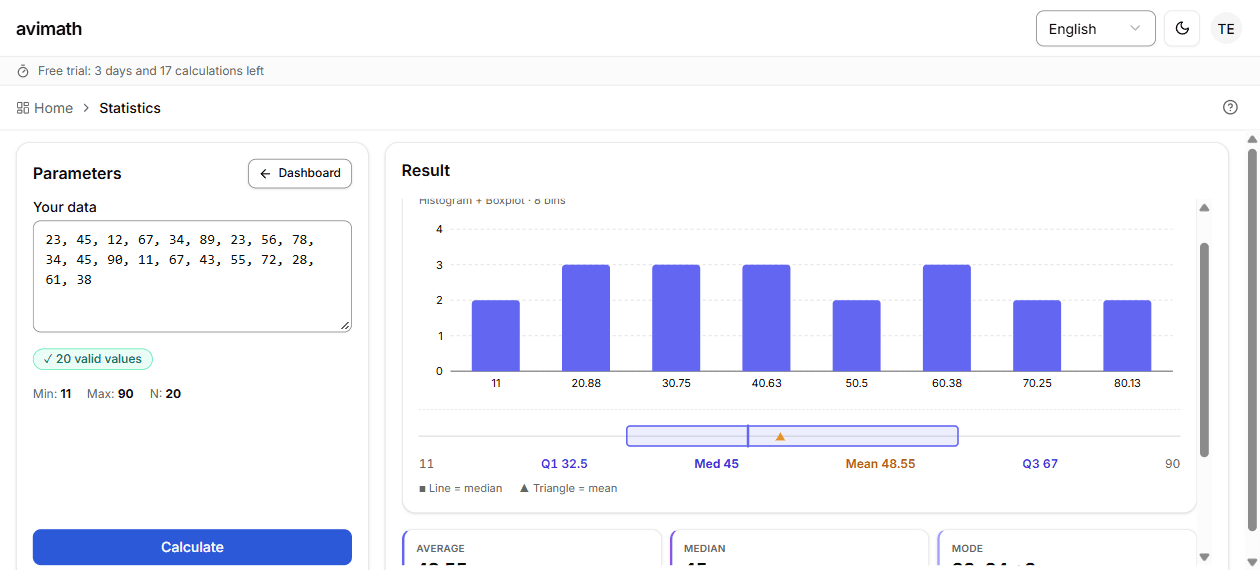 Statistics calculator with histogram and boxplot