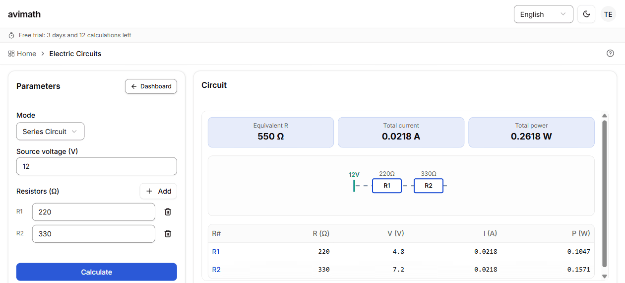 Electric circuit calculator with diagram and voltage drops